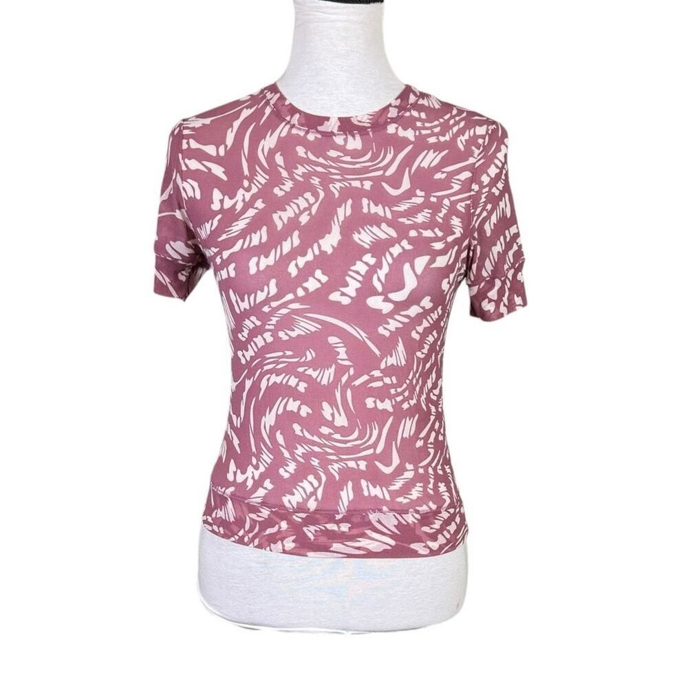 SKIMS Summer Mesh Raspberry Swirl Logo Sheer Short Sleeve Fitted Slim Top Shirt